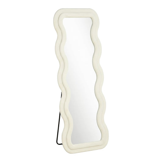 HOMCOM Full Length Mirror with a wavy cream white velvet frame and a black metal stand