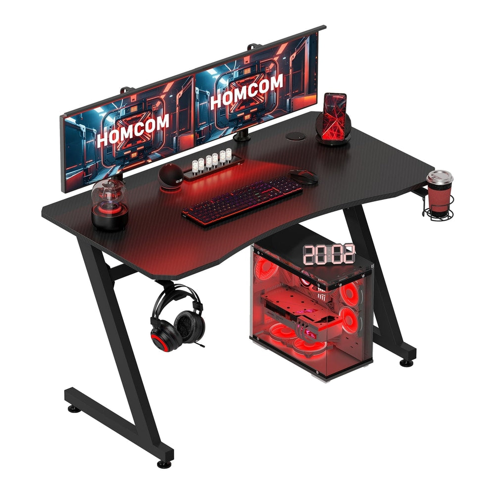 HOMCOM Gaming Desk Steel Frame with Cup Holder, a black gaming desk with red LED lighting and gaming accessories