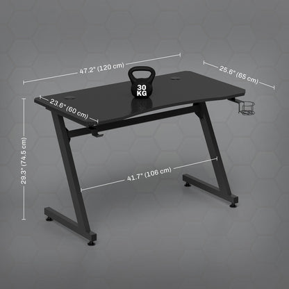 The gaming desk with dimensions and weight capacity shown