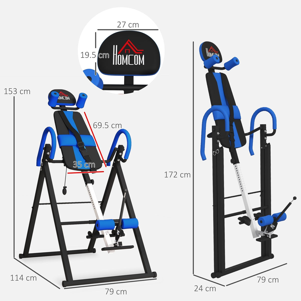 the inversion table shown in open and folded positions with technical lines indicating dimensions