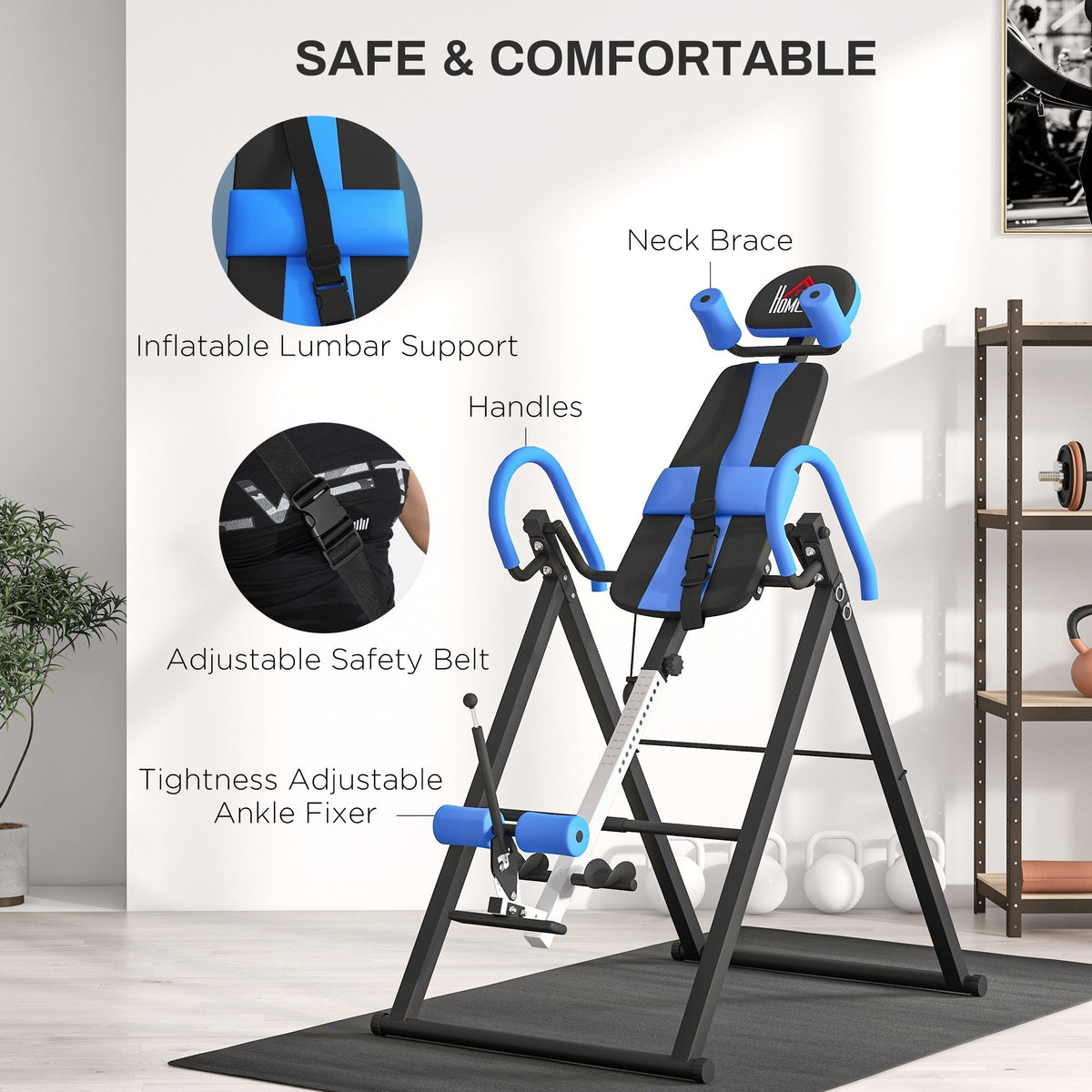 The inversion table highlighting the safety belt and adjustable ankle support