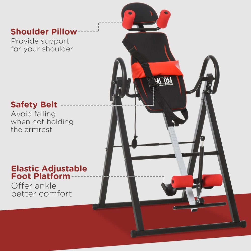 The red and black inversion table with labels pointing out its features