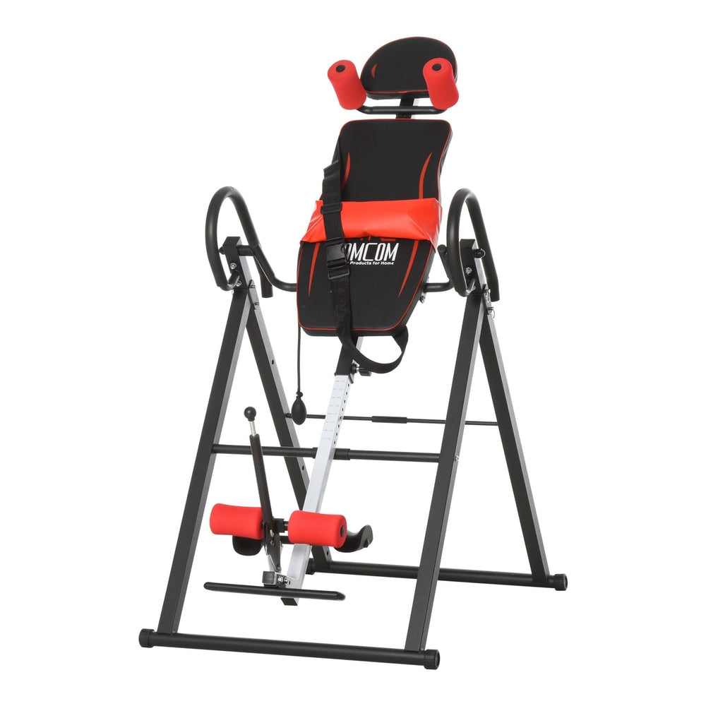 HOMCOM Gravity Inversion Table with red and black padding and adjustable ankle supports