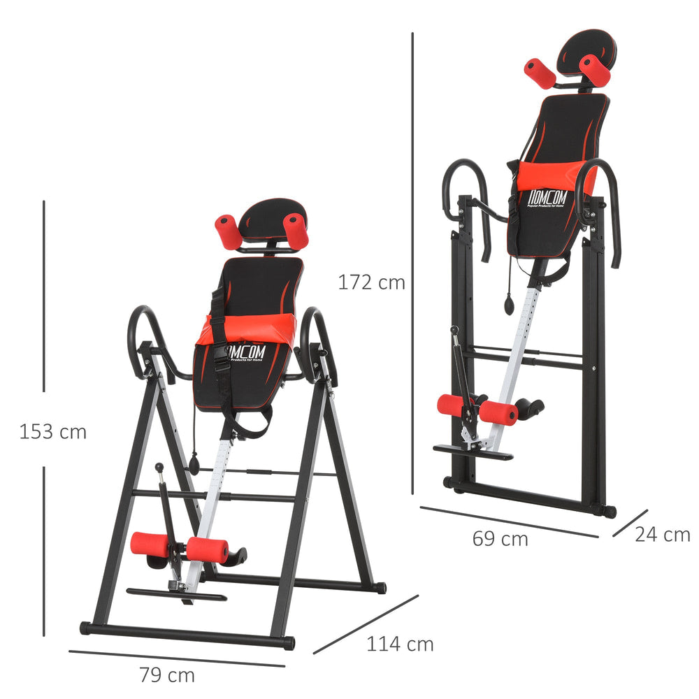 Size diagram of the red and black inversion table with dimensions shown