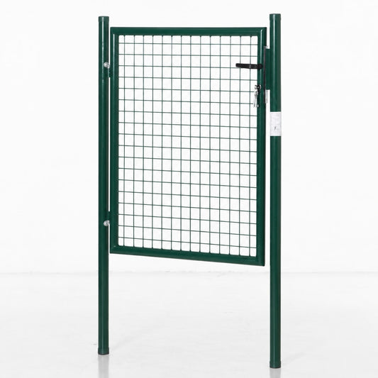 Green metal gate with mesh design on a white background