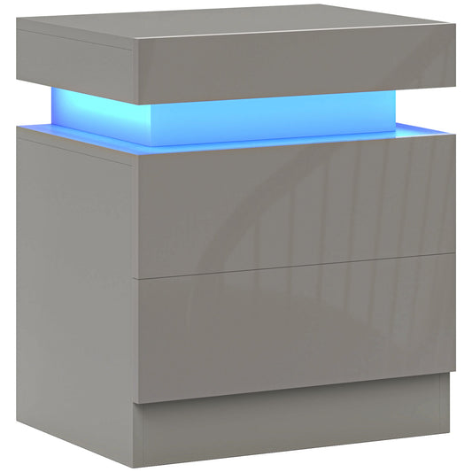 HOMCOM Grey Bedside Table with LED Light, a high gloss grey cabinet with two drawers and illuminated top