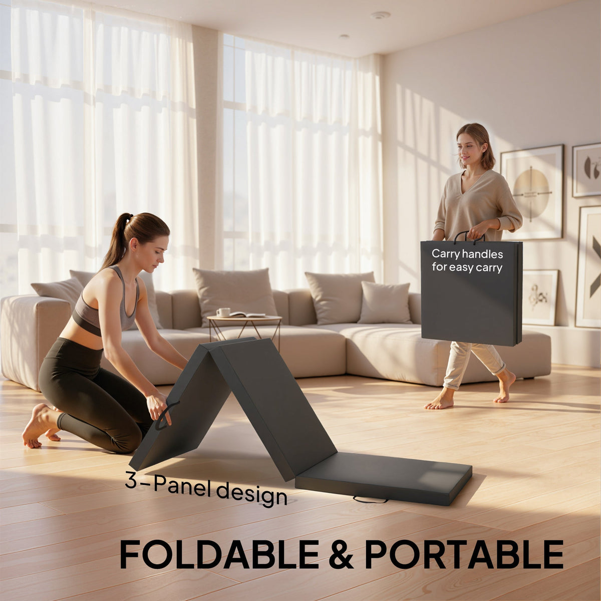 The foldable workout mat being carried by two handles, text says easy carry