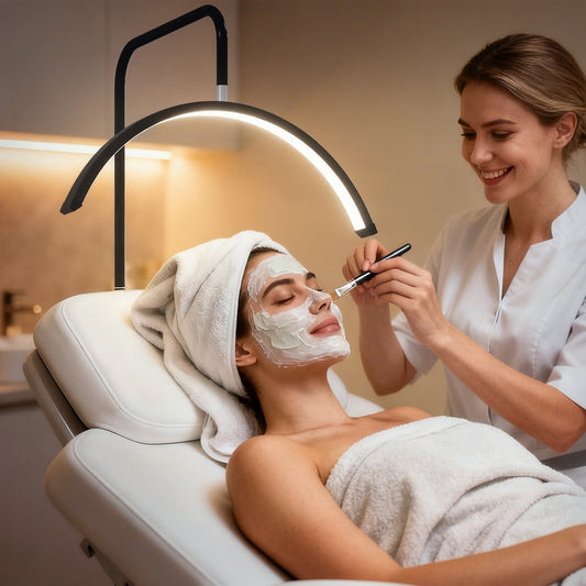 Beauty floor lamp in use with a therapist applying a face mask to a client