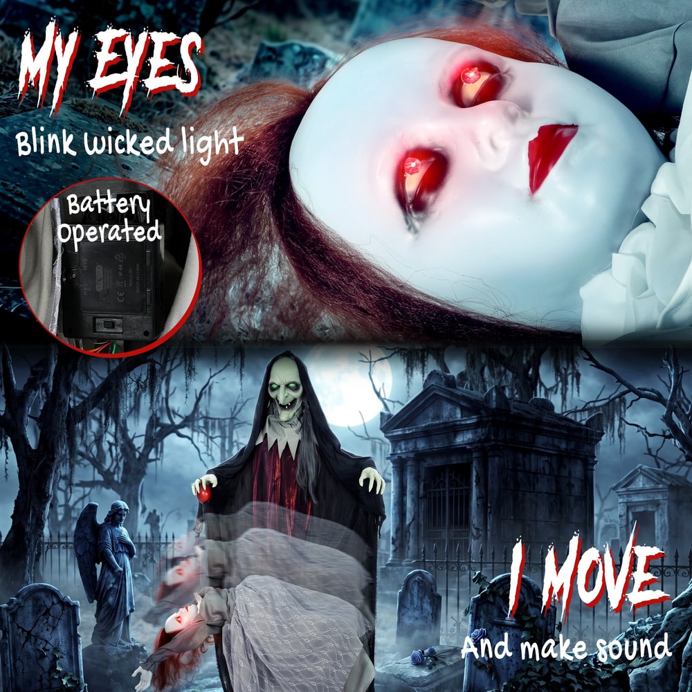 Close up of the witch's eyes and the battery compartment of the ghost