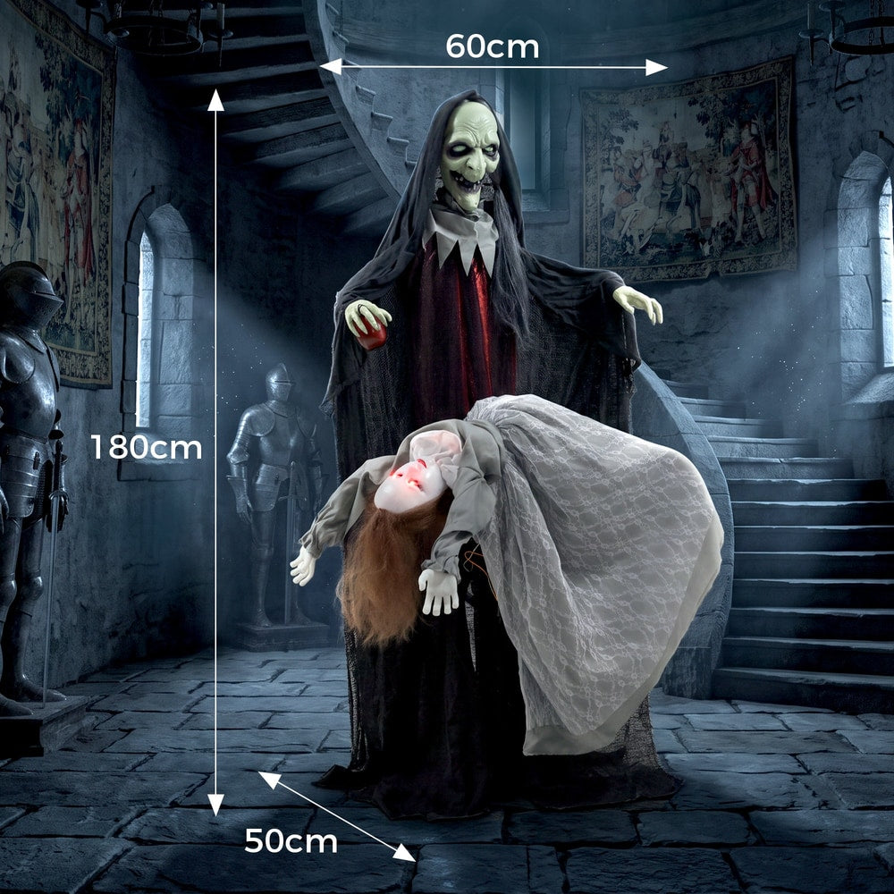 The animated standing witch decoration with dimensions shown