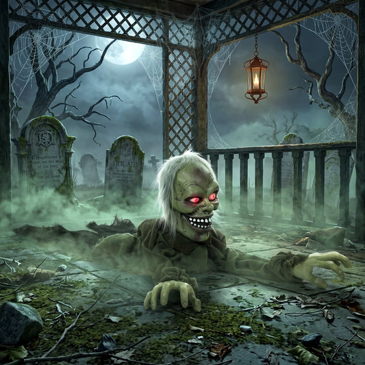 The Halloween animatronic zombie crawling out of the ground in a graveyard setting