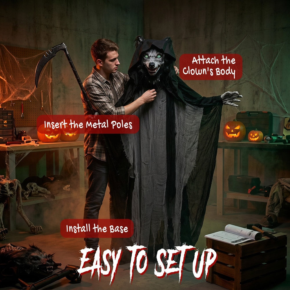A man assembling the Halloween werewolf decoration