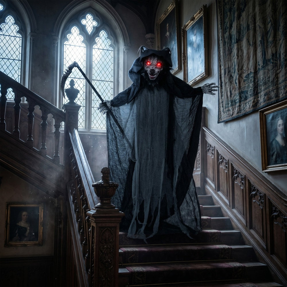 The Halloween werewolf decoration on a staircase