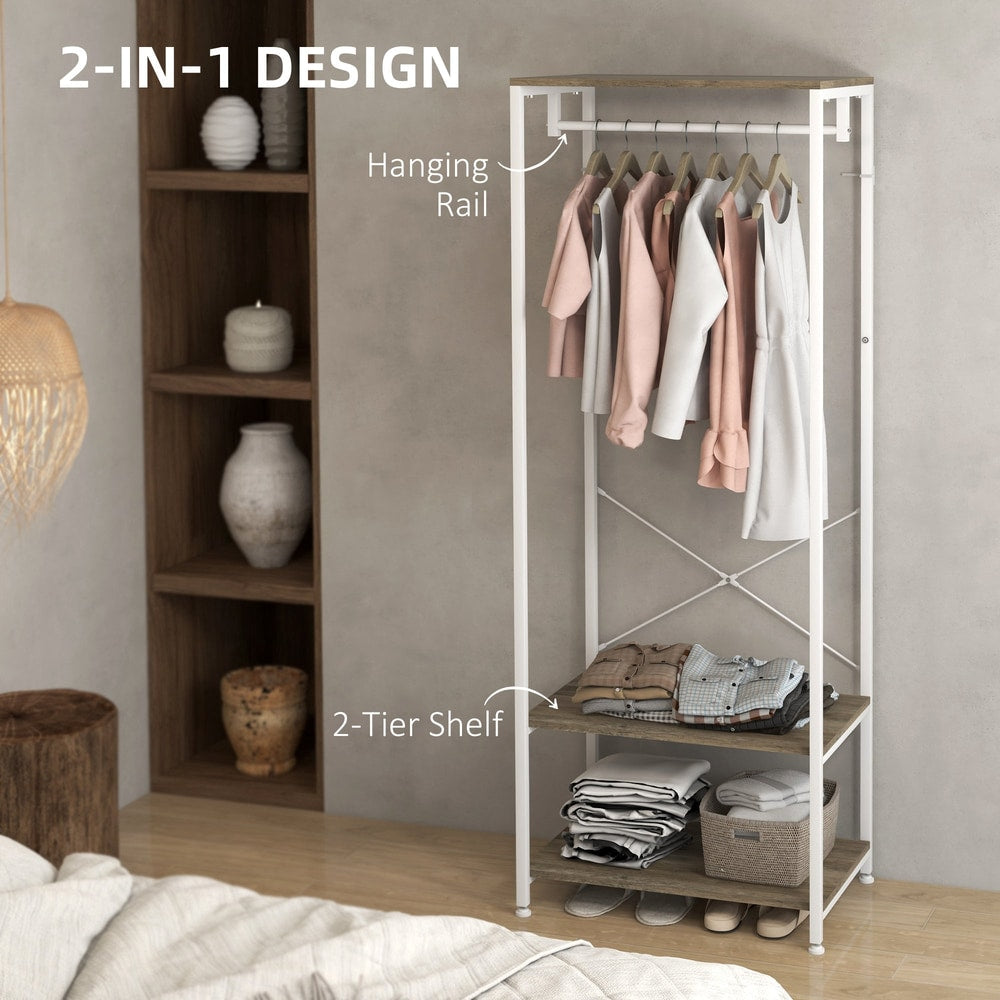 The hallway coat rack and shoe bench tree with clothes on the hanging rail and items on the shelves