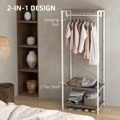 The hallway coat rack and shoe bench tree with clothes on the hanging rail and items on the shelves