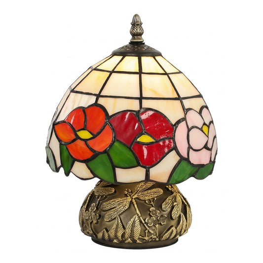 HOMCOM Handcrafted Classic Stained Glass Bedside Lamp with a floral shade and dragonfly base