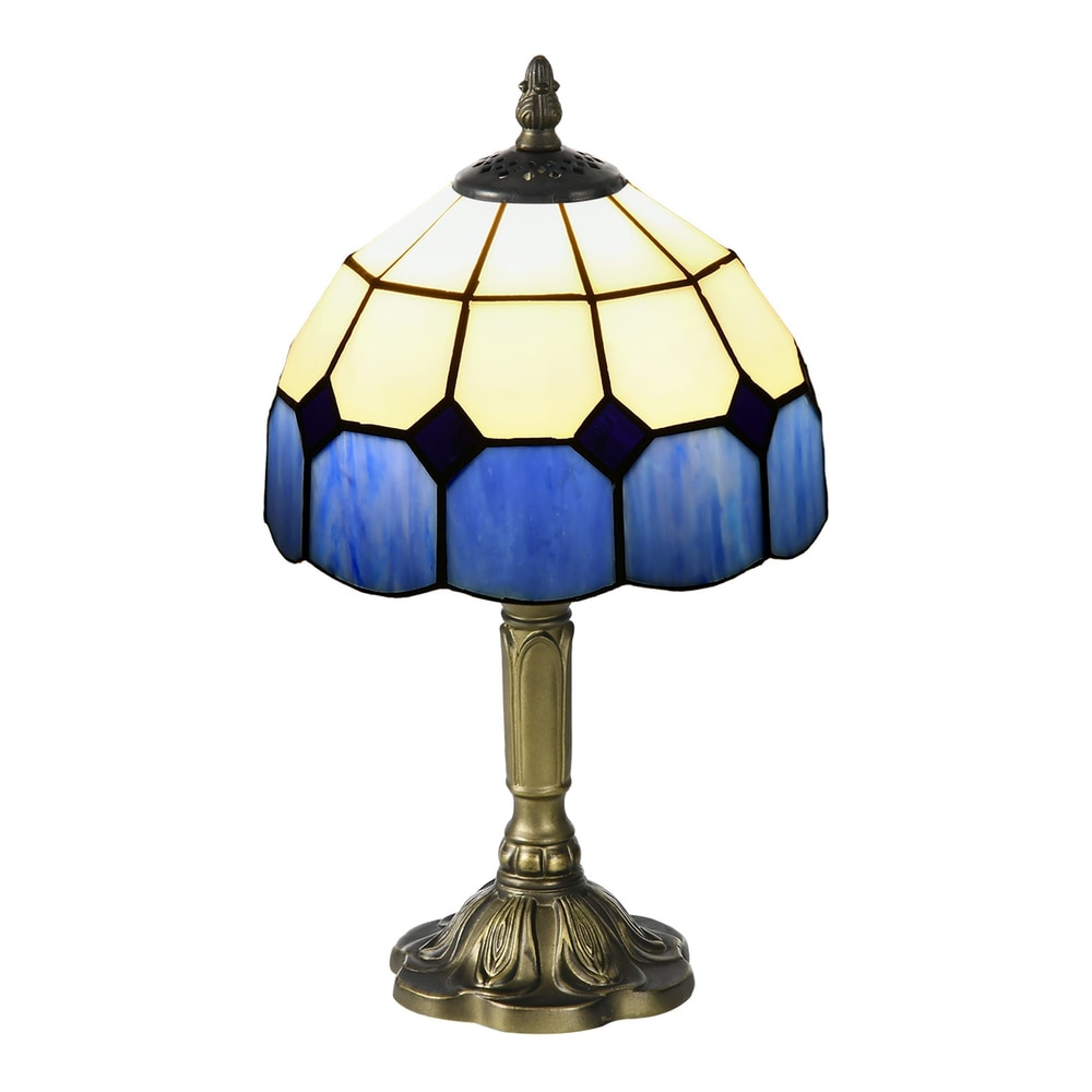 HOMCOM Handmade Stained Glass Table Lamp with a blue and cream patterned shade and antique brass base