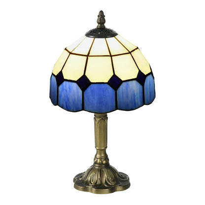 HOMCOM Handmade Stained Glass Table Lamp with a blue and cream patterned shade and antique brass base