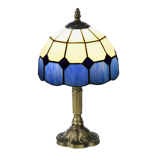HOMCOM Handmade Stained Glass Table Lamp with a blue and cream patterned shade and antique brass base