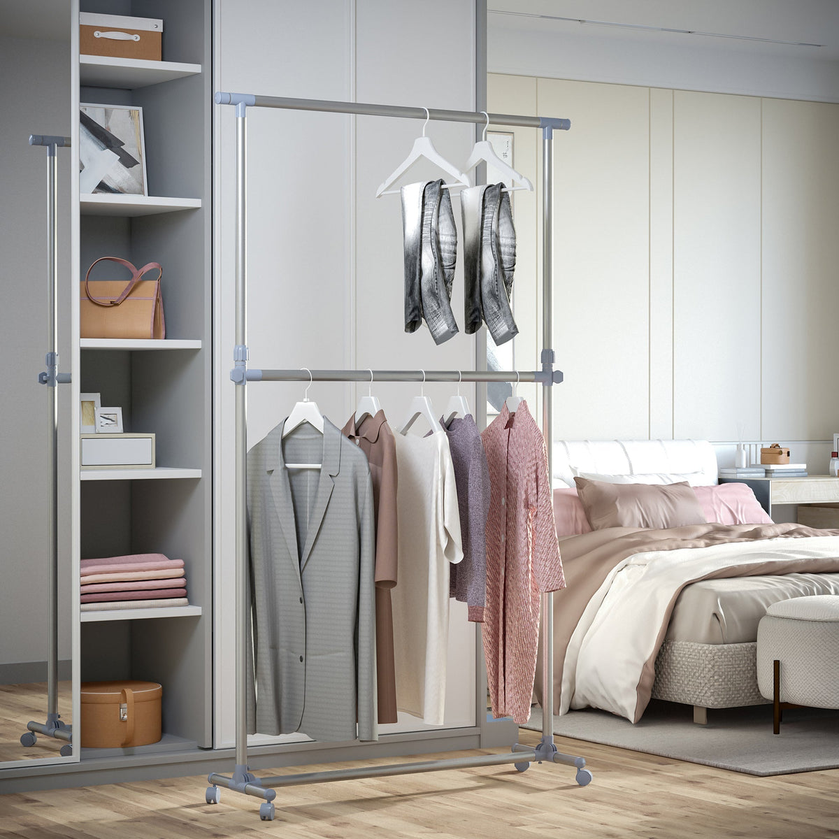 The laundry rail holding various garments and hangers inside a modern bedroom setting