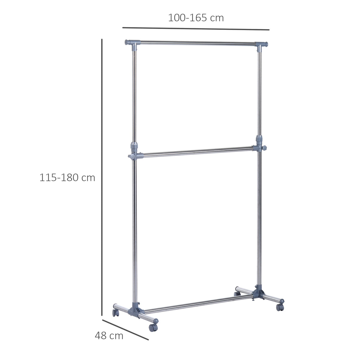 The laundry rack shown with dimension lines indicating the adjustable height and width