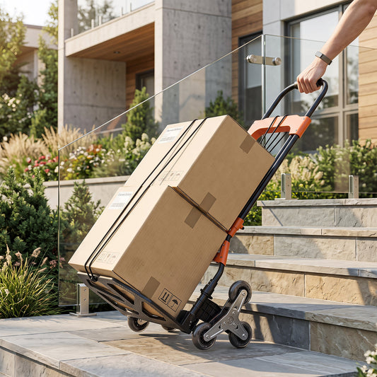 The hand truck being used to transport cardboard boxes up a set of outdoor stone steps