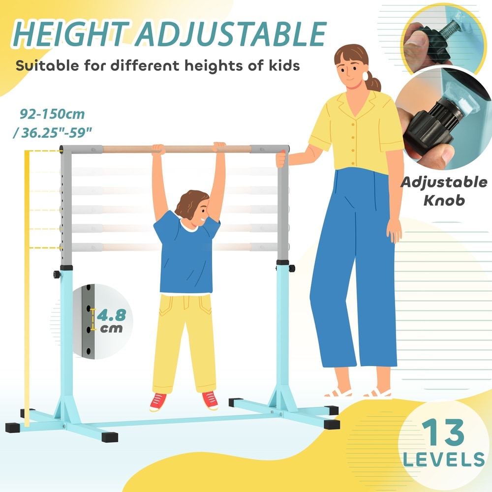 Illustration of a child and adult using the adjustable height gymnastics bar