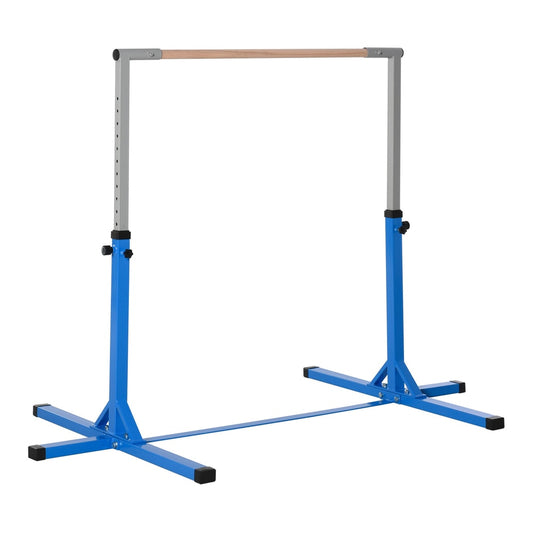 HOMCOM Height Adjustable Gymnastics Horizontal Bar for kids in blue with a wooden top bar