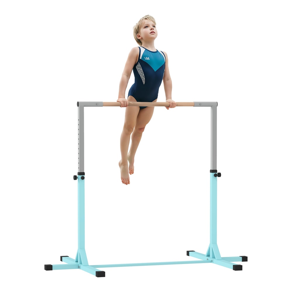 HOMCOM Height Adjustable Gymnastics Horizontal Bar for kids in light blue with a child balancing on it