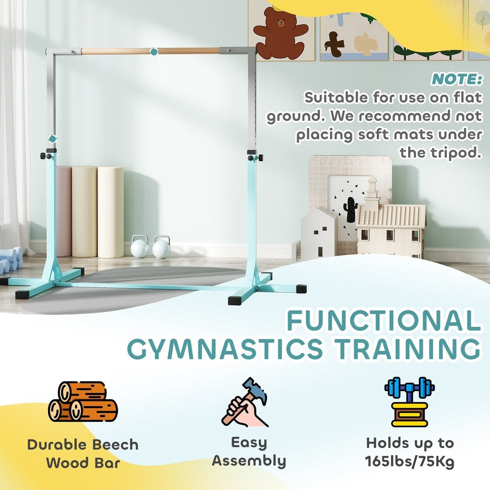 Features of the kids gymnastics bar including wood bar and easy assembly