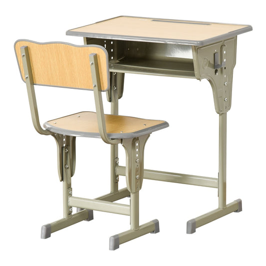 HOMCOM Height Adjustable Kids Desk and Chair Set with storage compartment, bag hook and pen holder in grey