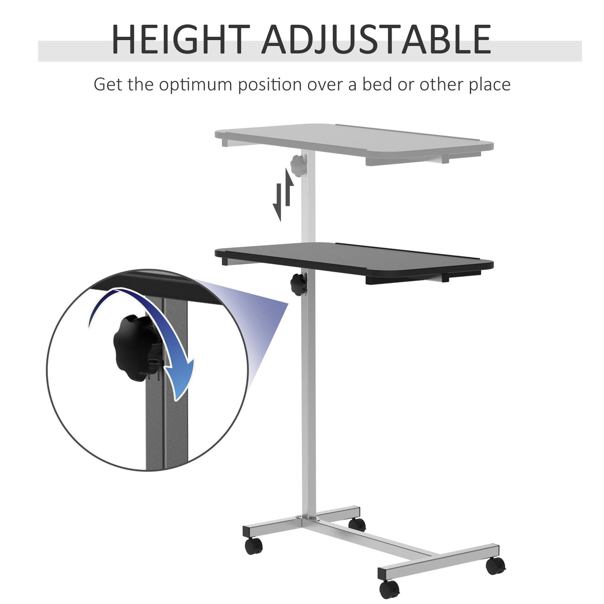 The side table with a close up of the adjustment knob to change the desk height