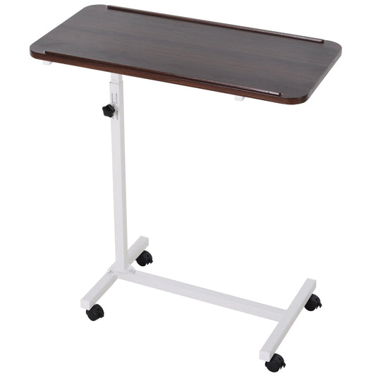 HOMCOM Height Adjustable Over Bed Table with Wheels featuring a dark wood top and white metal frame