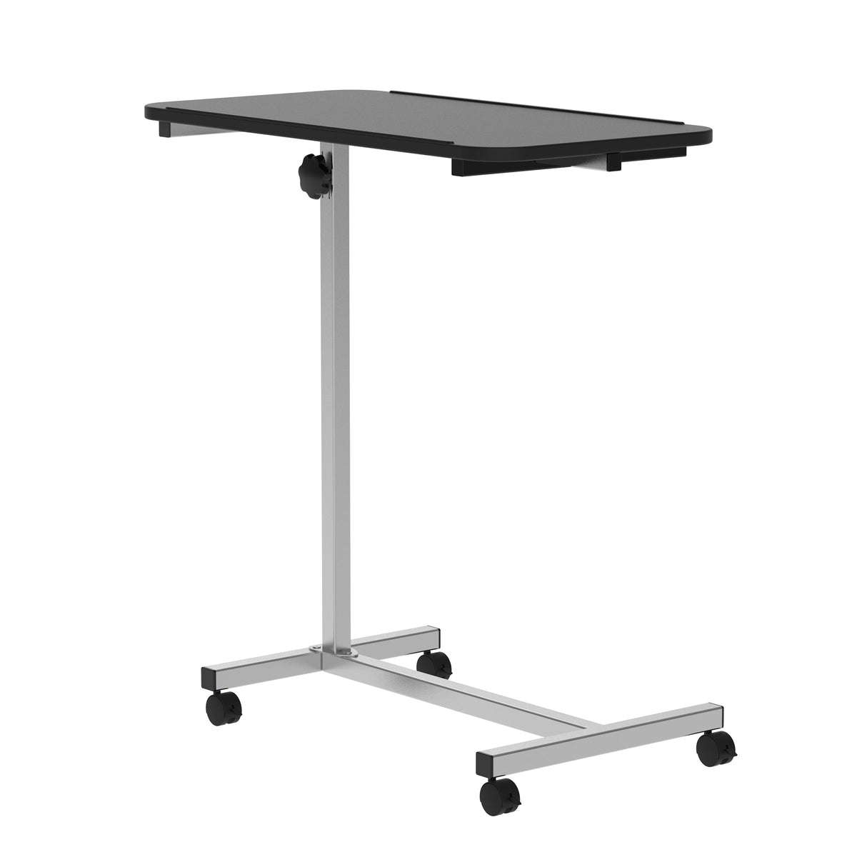 HOMCOM Height Adjustable Over Bed Table with Wheels in black with a silver metal frame