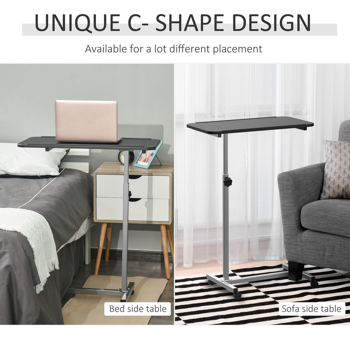 The side table shown in two different living room settings next to a bed and a sofa