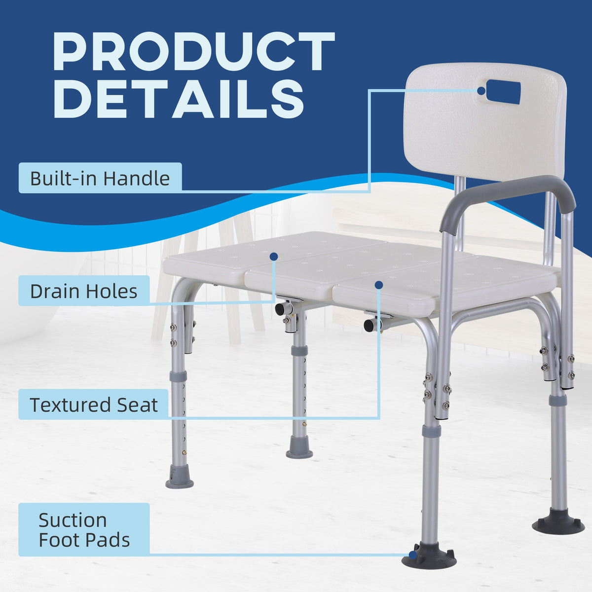 Product details of the shower stool including drain holes