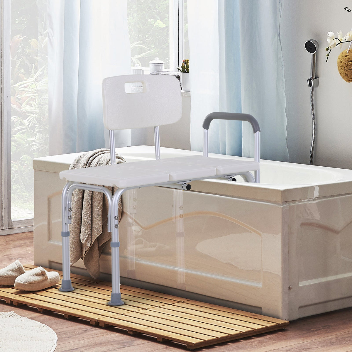 The shower stool in a bathroom next to a bathtub