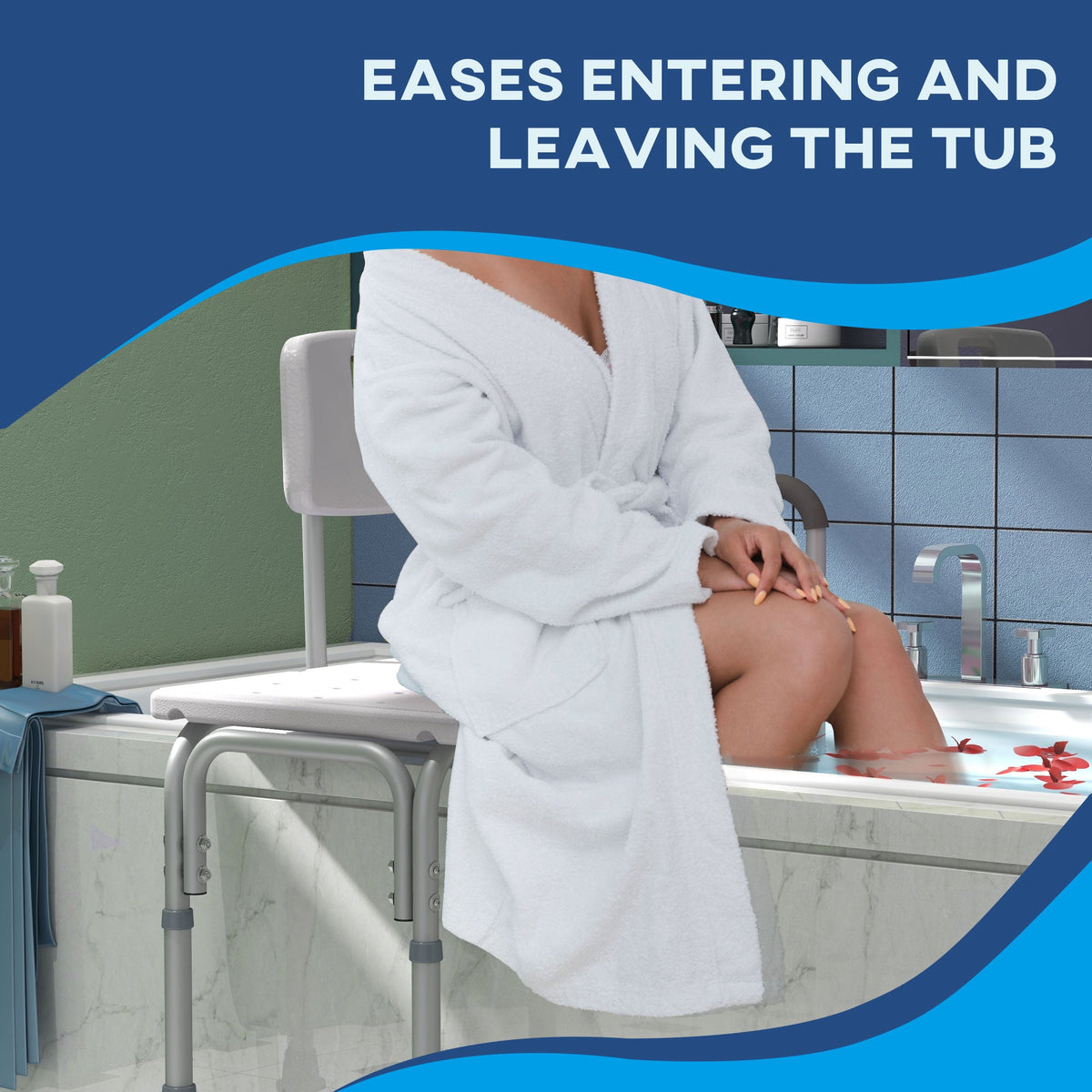 A person using the shower stool to get into a bath