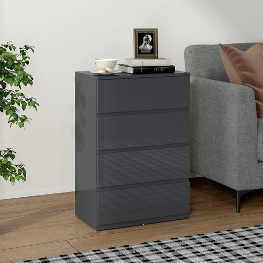 The grey chest of drawers in a bedroom setting next to a sofa