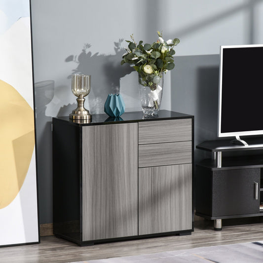 A grey and black storage cabinet with two doors and three drawers, shown in a living room setting