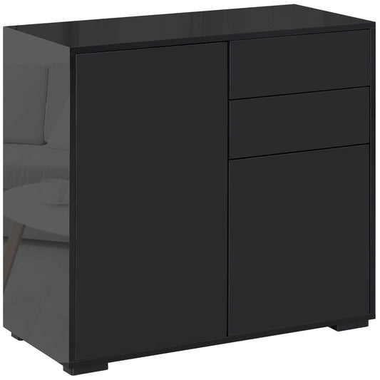 HOMCOM High Gloss Frame Sideboard, a black storage cabinet with two doors and two drawers