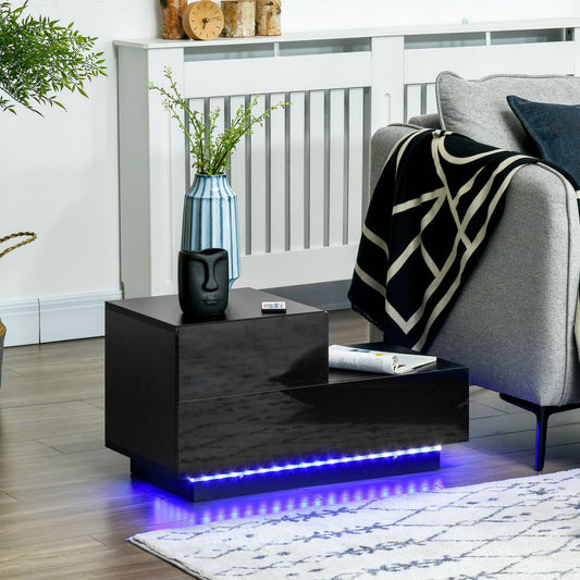 The black bedside table is shown in a modern living room setting next to a sofa