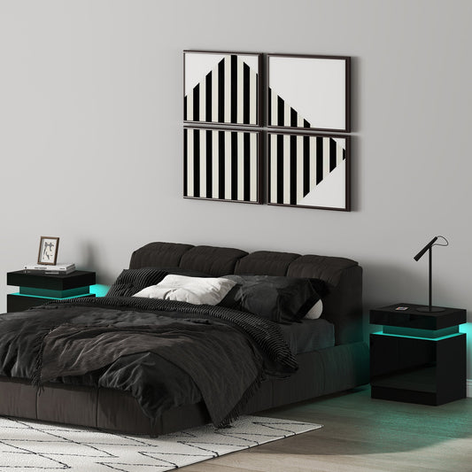 Two black bedside cabinets with RGB LED lights in a modern bedroom setting
