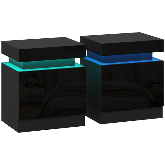 HOMCOM High Gloss Front Bedside Tables Set of 2 with blue and green LED lights