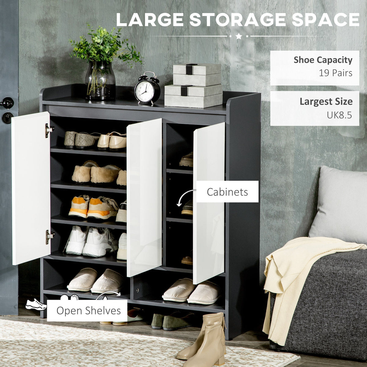 Open shoe storage cabinet with white doors, displaying capacity for 19 pairs of shoes