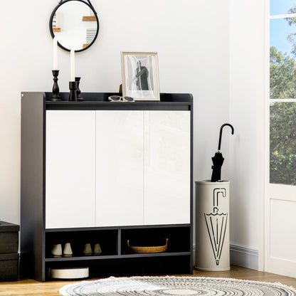 Grey shoe storage cabinet with white doors, shown in a hallway with shoes and accessories
