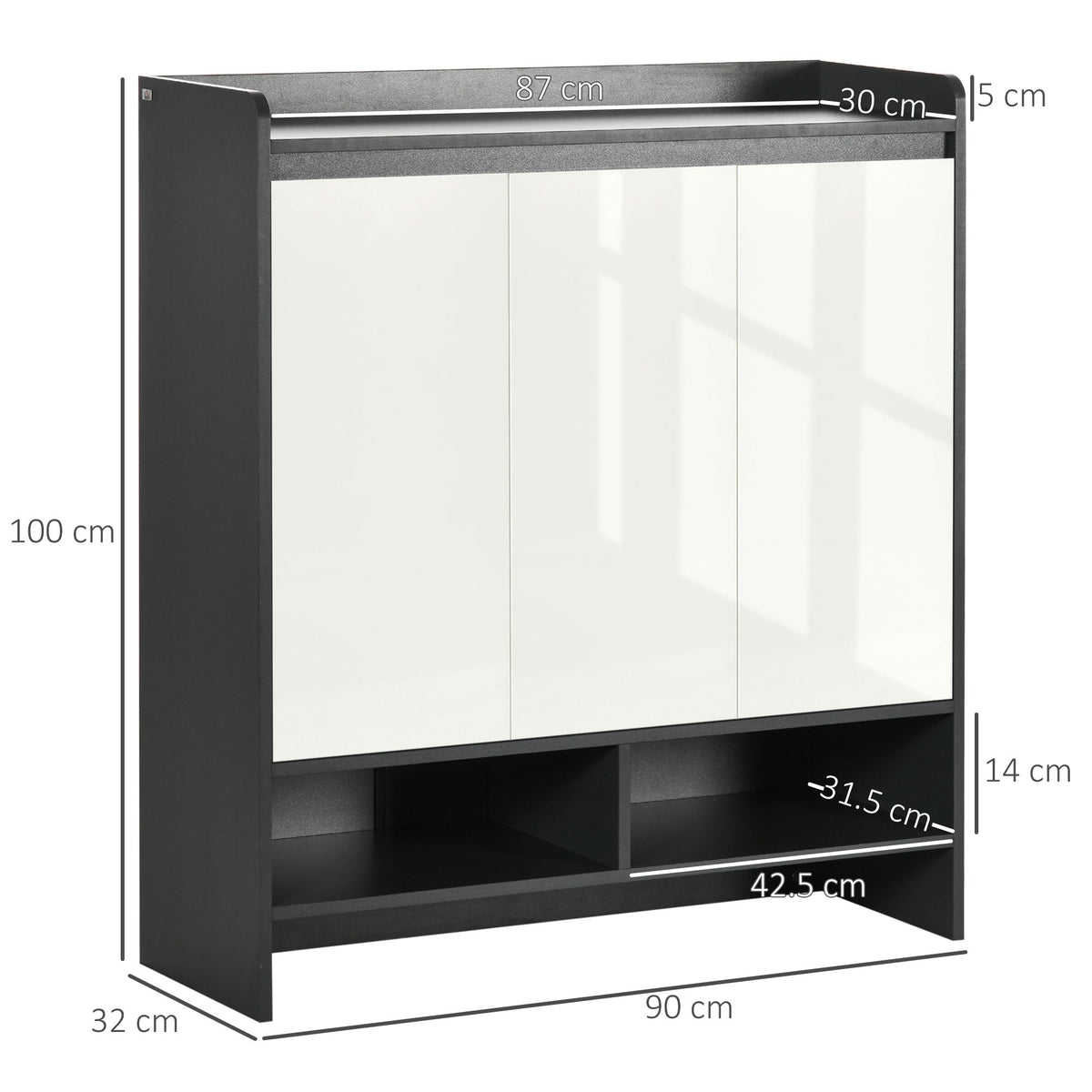 Grey shoe storage cabinet with white doors, showing dimensions for height, width and depth