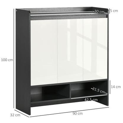 Grey shoe storage cabinet with white doors, showing dimensions for height, width and depth