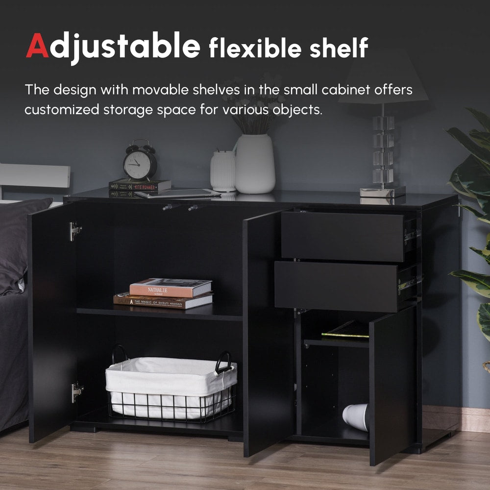 The storage cabinet with doors and drawers open to reveal internal shelving and storage space