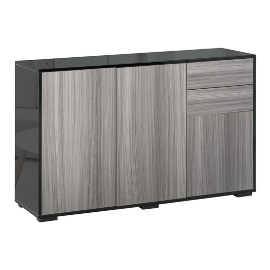 HOMCOM High Gloss Side Cabinet with two doors and two drawers in light grey and black finish